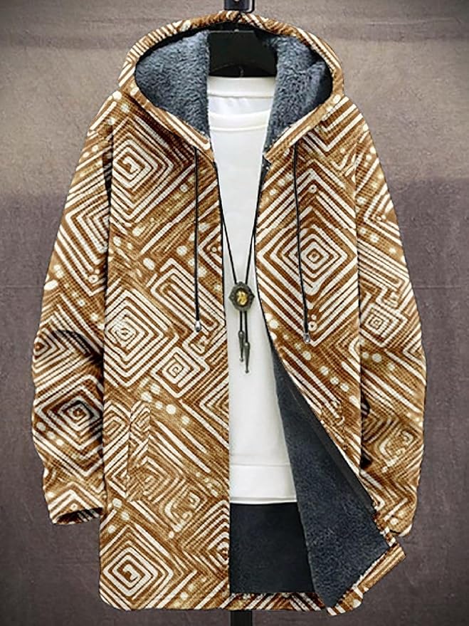 2025 Men's Ethnic Pattern Hooded Jacket Long Cardigan Hoodies Full Zip Vintage Knitted Zipper Coat with Pocket