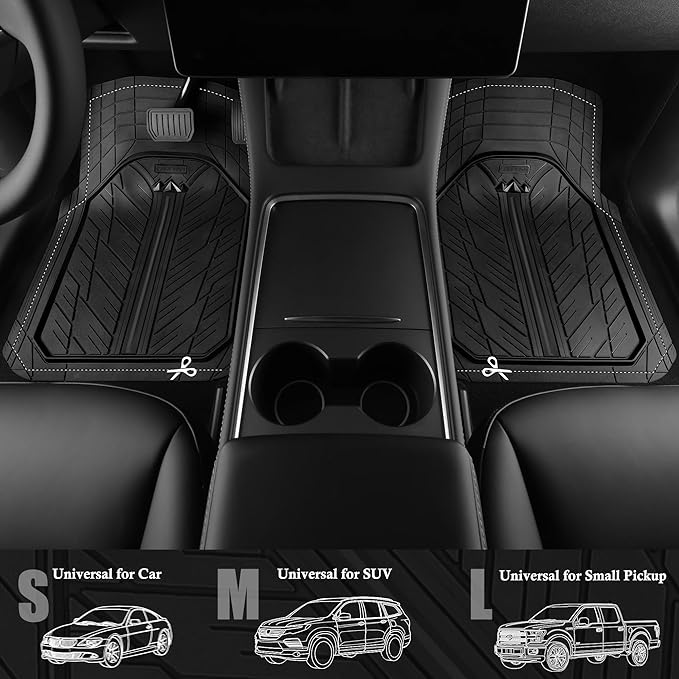 CAR PASS Small DeepDish Floor Mats for Cars, Heavy Duty Rubber Car Mats 2-Piece, Universal Trim-to Fit Automotive Floor Mats Front Only for Truck Van SUV Waterproof All Weather Car Mats (Black)