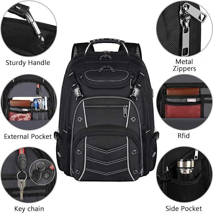 VECKUSON 18.4 Laptop Backpack for unisex, 60L Extra Large Gaming Laptops Back Bag with USB Charger Port,TSA Friendly Flight Approved and RFID Anti-Theft Pocket Heavy-duty Pack,21.3*15.7*11.8inch Grey