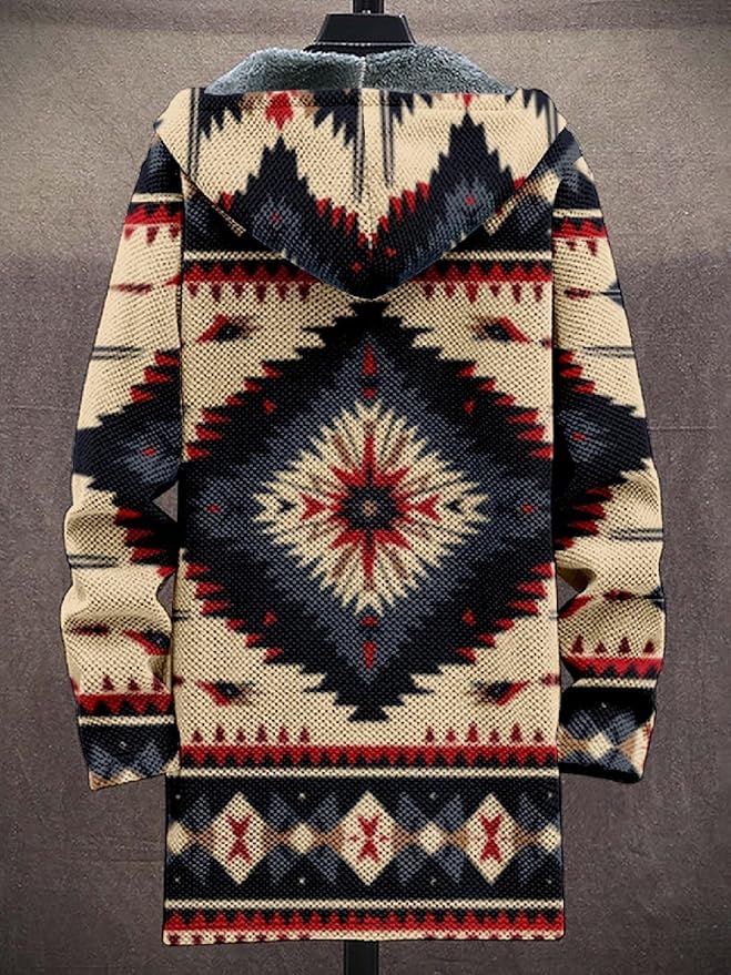 2025 Men's Ethnic Pattern Hooded Jacket Long Cardigan Hoodies Full Zip Vintage Knitted Zipper Coat with Pocket