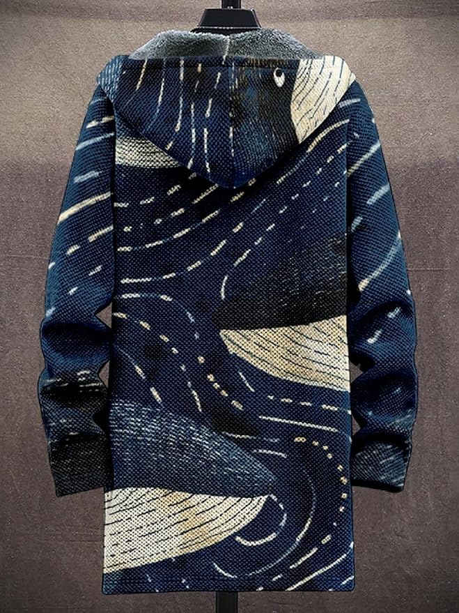 2025 Men's Ethnic Pattern Hooded Jacket Long Cardigan Hoodies Full Zip Vintage Knitted Zipper Coat with Pocket