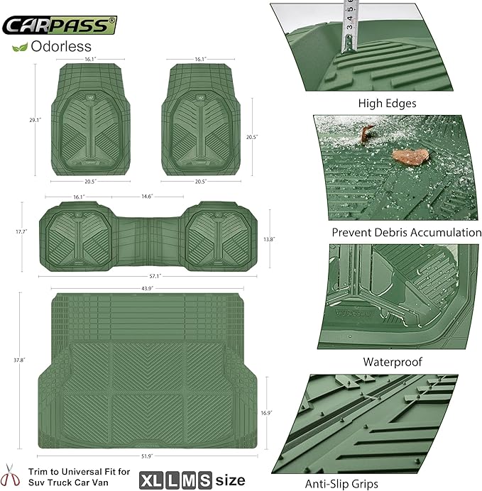CAR PASS Heavy Duty Rubber Car Mats with Cargo Liner, Deep-Dish Car Floor Mats and Trunk Mat All Weather, Universal Trim-to-Fit for SUVs Trucks Sedans, Waterproof Anti-Slip, Trimmable V12 Olive Green
