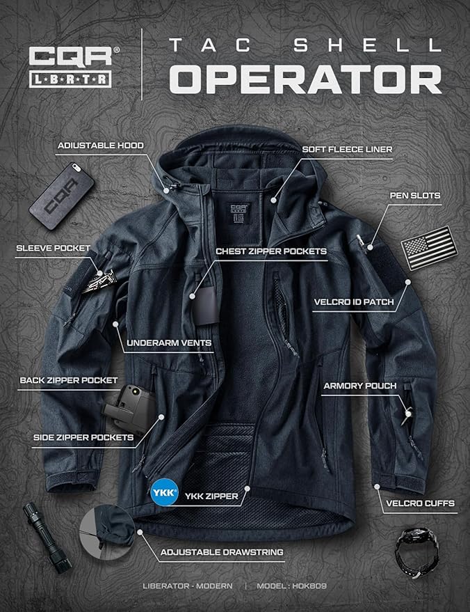 CQR Men's Tactical Softshell Jacket, Winter Warm Fleece Lined Coat, Water Resistant Outdoor Hunting Hiking Rain Windbreaker