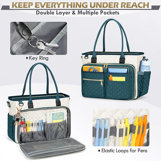 RAINSMORE Teacher Tote Bag 15.6 inch Laptop Bag for Women Work Bags Laptop Tote Nurse Bag Professional Computer Messenger with Insulated Pocket, Laptop Briefcase for Office, College,Green-white