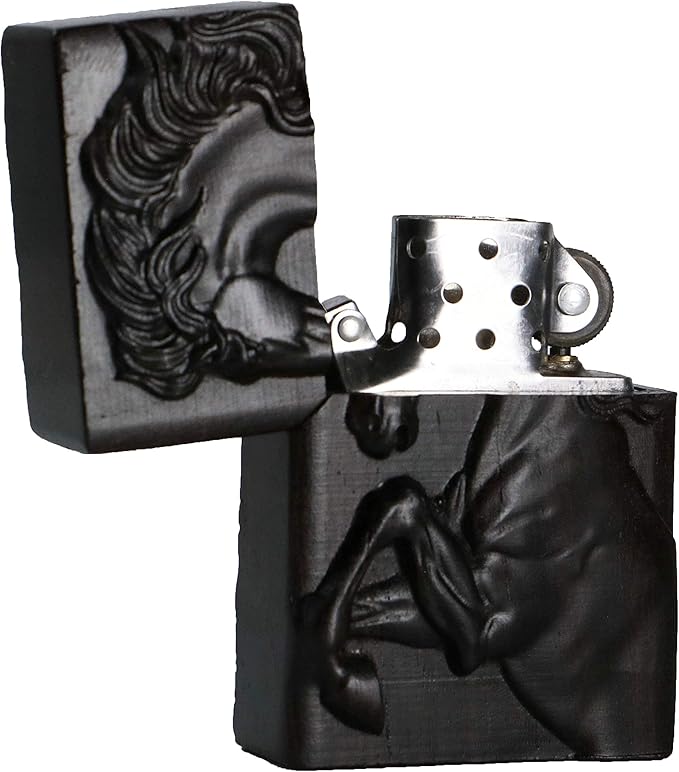 Natural Ebony Black Wood Carved Lighter Shell Box For Zippo Module (Succeed Horse)
