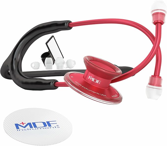 MDF Instruments, Acoustica Lightweight Stethoscope for Doctors, Nurses, Students, Home Health Use, Adult, Dual Head, Black Tube, Red Chestpiece-Headset, MDF747XPR11