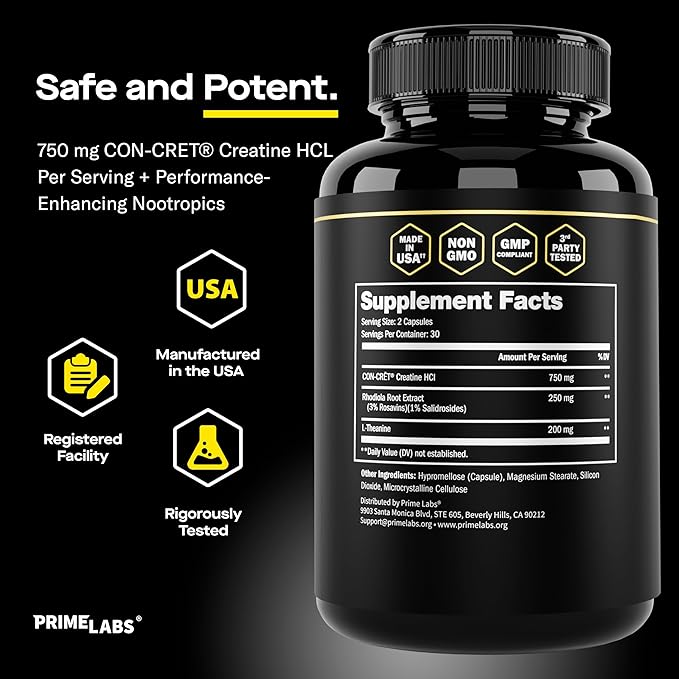 Prime Labs Creatine HCl Capsules - with CON-CRĒT®, Rhodiola Root Extract, & L-Theanine - Muscle Support, Endurance, Cognitive Function - for Men & Women - 60 Pills