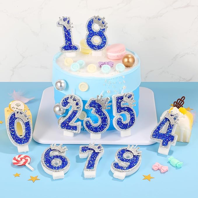 Blue Birthday Candle Crown Number 1 Candle with Sequins 1st Cake Candles Cupcake Decorations Party Decor for Anniversary Celebrations Supplies