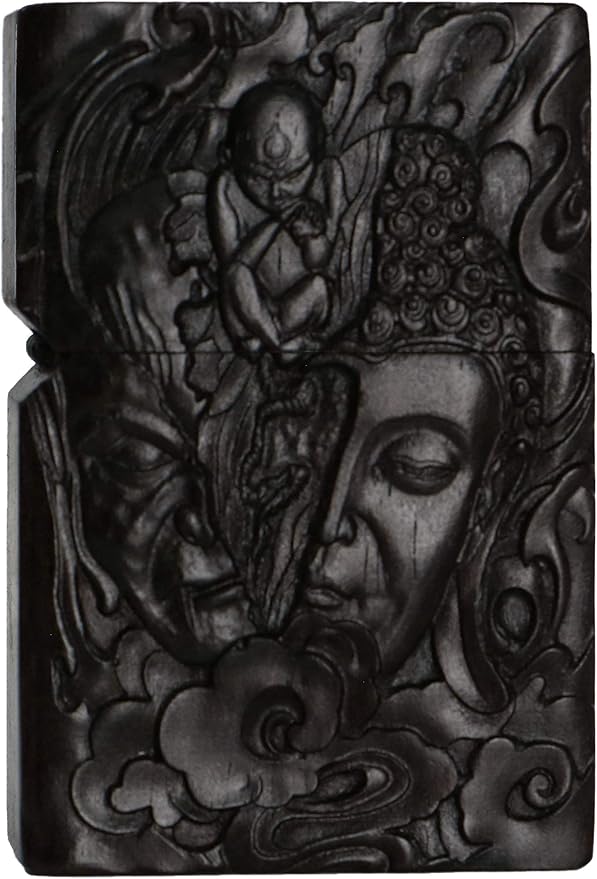 Natural Ebony Black Wood Carved Lighter Shell Box For Zippo Module (Half Buddha &Devil Face)