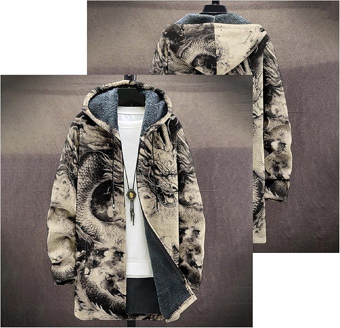 Mens Hooded Cardigan Japanese Art Zip Up Long Sleeve Sweater Hoodie Dragon Print Coat with Pockets