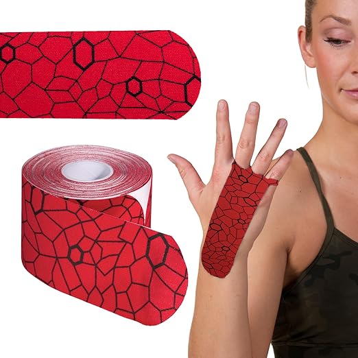 THERABAND Kinesiology Tape, Waterproof Physio Tape for Muscle & Joint Support, Standard Roll with XactStretch Application Indicators, 2" X 10" Strips, 20 Precut Strips, Hot Red/Black