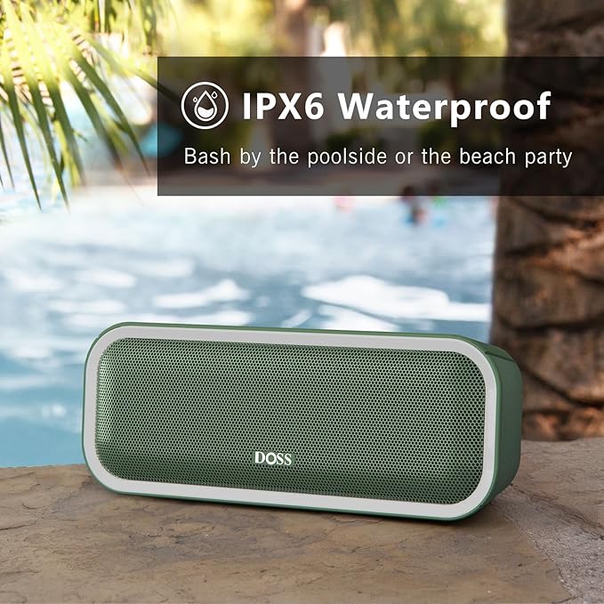 DOSS SoundBox Pro+ Bluetooth Speaker, Immersive 24W Stereo Sound with Booming Bass, IPX6 Waterproof, 15H Playtime, Mixed Colors Lights, Wireless for Backyard, Hiking, Garage, Party-Green