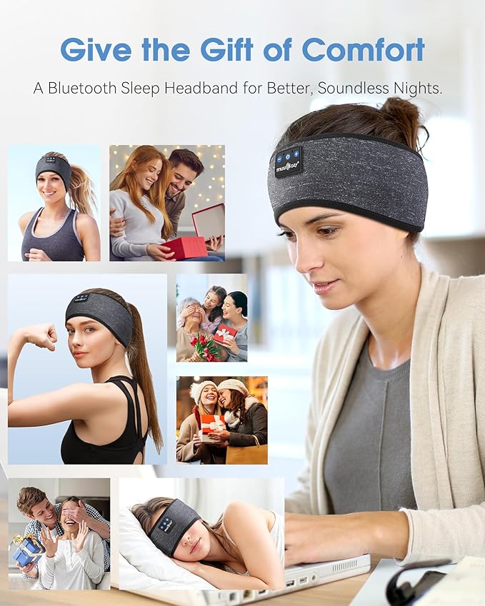 MUSICOZY Sleep Headphones Bluetooth 5.4 Headband Headphones, Wireless Earphones Music Sleep Earbuds for Side Sleepers Sleeping Eye Mask for Women Men Workout Running Cool Unique Gifts, Black