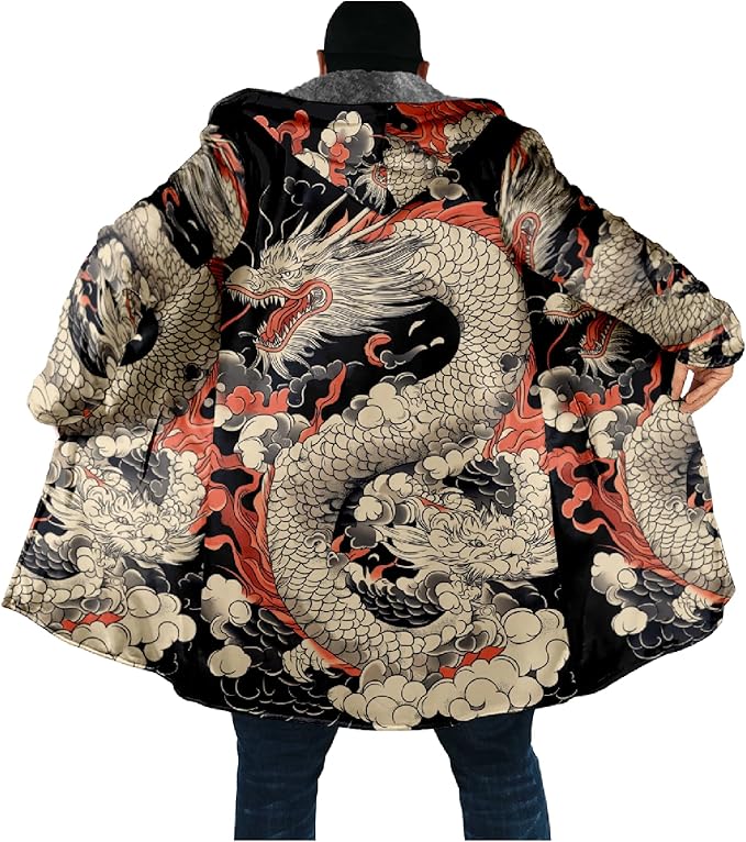 Mens Hooded Cardigan Japanese Art Zip Up Long Sleeve Sweater Hoodie Dragon Print Coat with Pockets