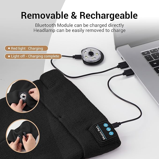 Bluetooth Beanie with Light, HD Stereo Sound, USB Rechargeable Headlamp for Hiking Fishing, Gift for Men Women Teen