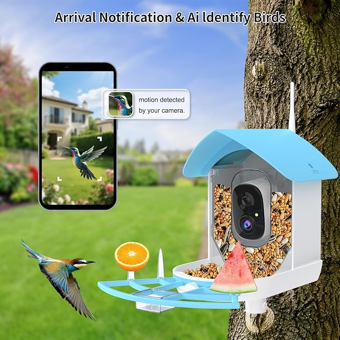 Bird Feeder with Camera, Smart AI Bird Breed Recognition,Birds Motion Detection with Real Time Notice, Solar Powered Auto Capture Bird Watching WiFi Camera,Gifts for Birdlover,Family,SkyBlue