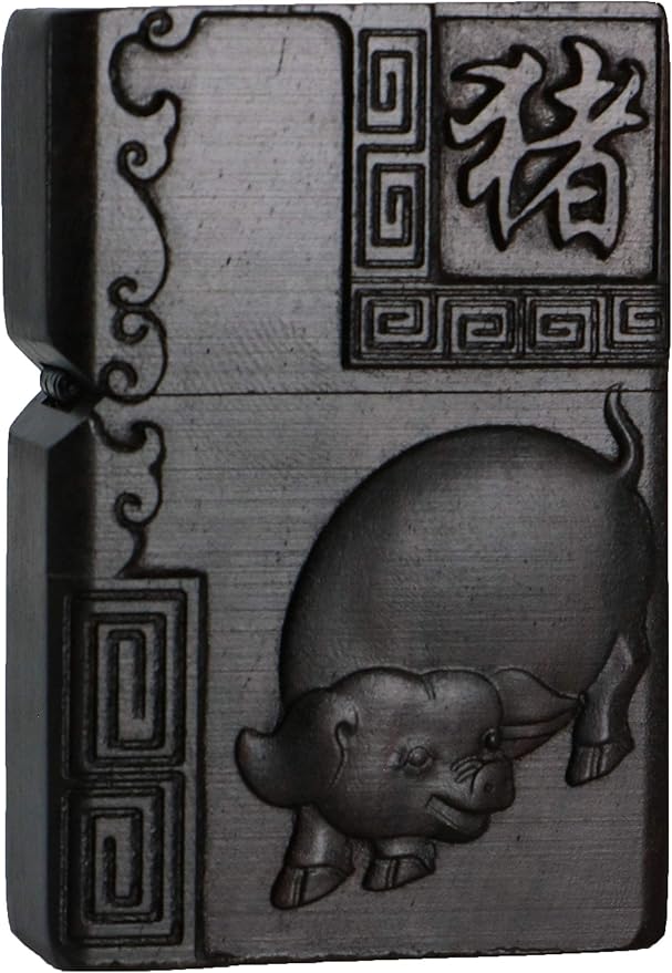 Natural Ebony Black Wood Carved Lighter Shell Box For Zippo Module (Zodiac Pig)