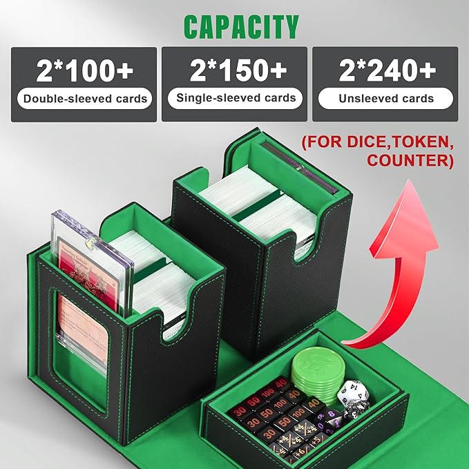 Kabinka Deck Box for MTG with Commander Display, 3 in 1 Trading Card Storage Box Fit 200 Double-sleeved Cards, Removable Deck Case for TCG/Sports Cards with 2 Magnetic Card Holders (Black Green)