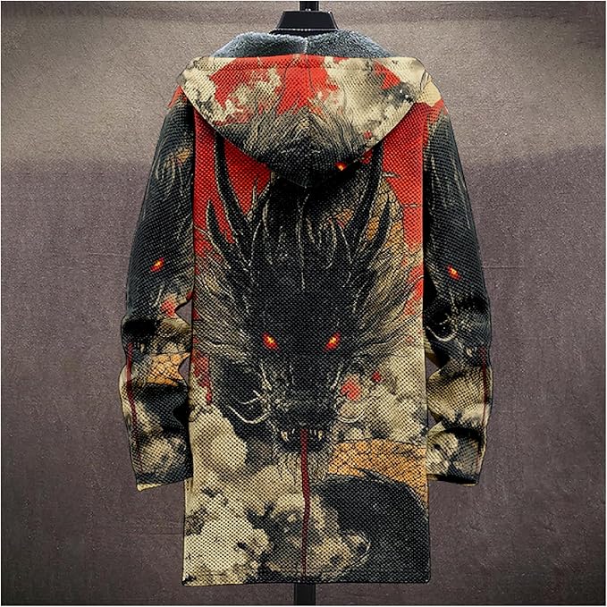 Mens Hooded Cardigan Japanese Art Zip Up Long Sleeve Sweater Hoodie Dragon Print Coat with Pockets