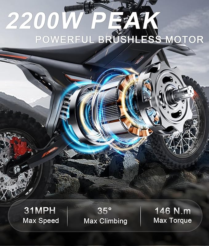 Electric Dirt Bike for Adults & Teens 13+, 2000W Off-Road Electric Motorcycle, 48V 21Ah Removable Battery, 37MPH Fat Tire E Dirt Bike with Hydraulic Brakes, Family Trail Riding Gift-Black