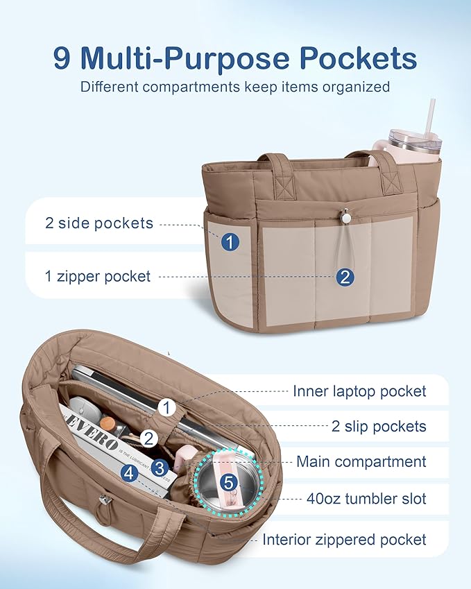 TOPDesign Puffy Tote Bag for Women with Cup Holder & Laptop Compartment & Cosmetic Bag & Trolley Sleeve for Work, Travel