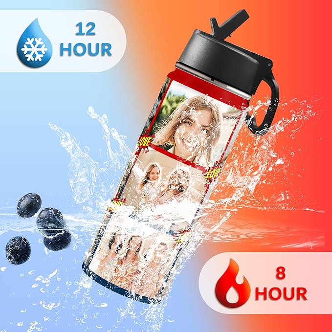 Personalized Photo Water Bottles, 18oz/32oz Custom 9 Pictures Stainless Steel Insulated Sport Water Bottle with Straw Lid & Handle, Customized Cup Gifts for Men Women Birthday Anniversary Christmas