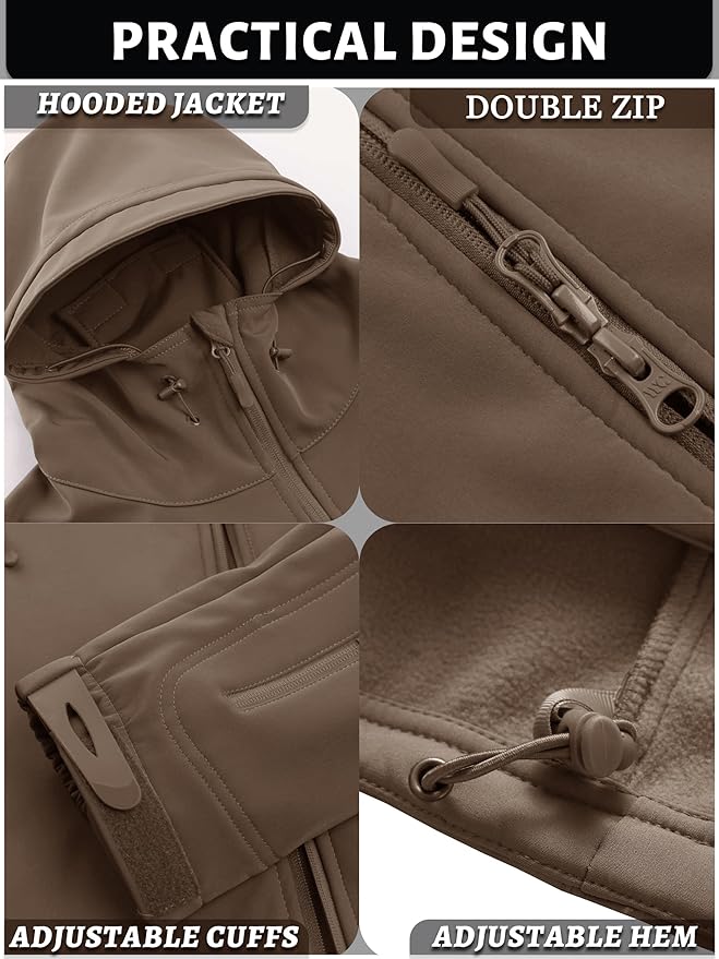 TACVASEN Men's Special Ops Military Tactical Soft Shell Winter Warm Fleece Lined Jacket Rain Hood Coat Hiking Snowboard