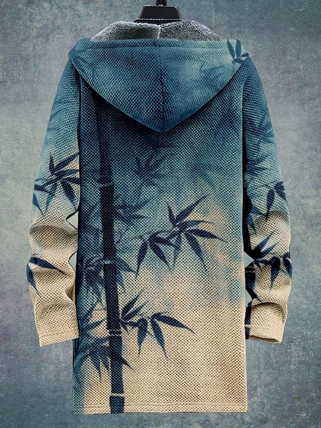2025 Men's Ethnic Pattern Hooded Jacket Long Cardigan Hoodies Full Zip Vintage Knitted Zipper Coat with Pocket