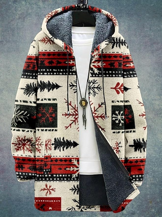 2025 Men's Ethnic Pattern Hooded Jacket Long Cardigan Hoodies Full Zip Vintage Knitted Zipper Coat with Pocket