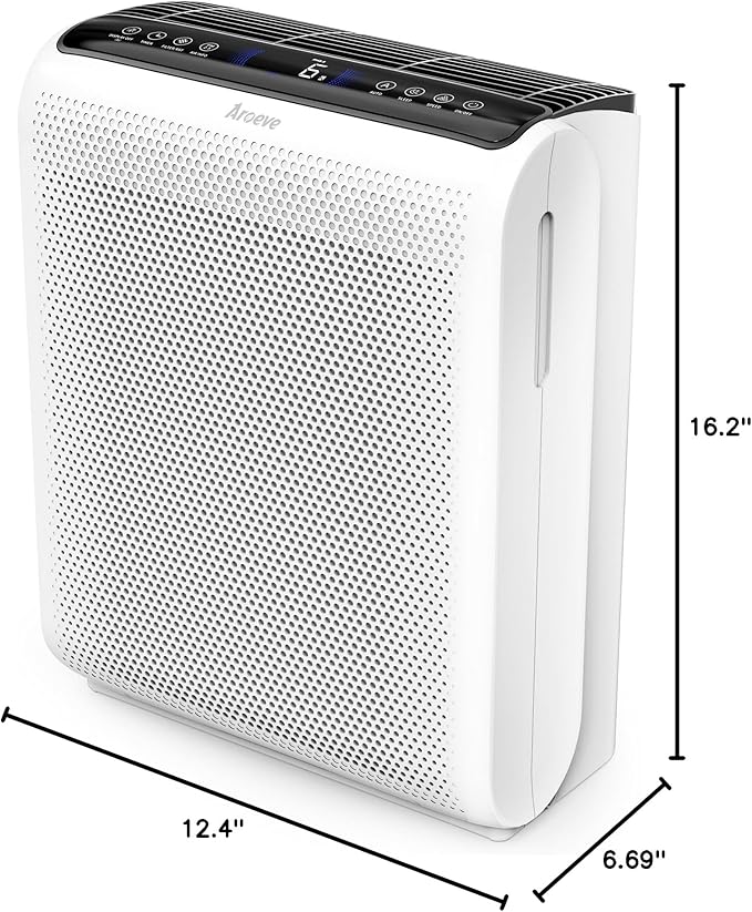 AROEVE Air Purifiers for Bedroom Home Large Room Up to 1504 Ft², 5 Layer Filter for Smoke Pollen Allergies Pet Dander Odor, Air Quality Monitor, Sleep Mode, Timer for Office, Dorm, Kitchen, MK07 White