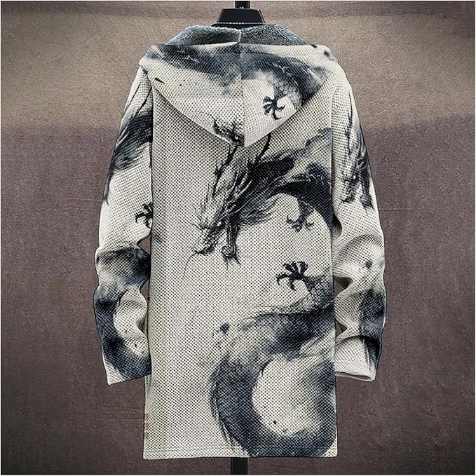 Mens Hooded Cardigan Japanese Art Zip Up Long Sleeve Sweater Hoodie Dragon Print Coat with Pockets