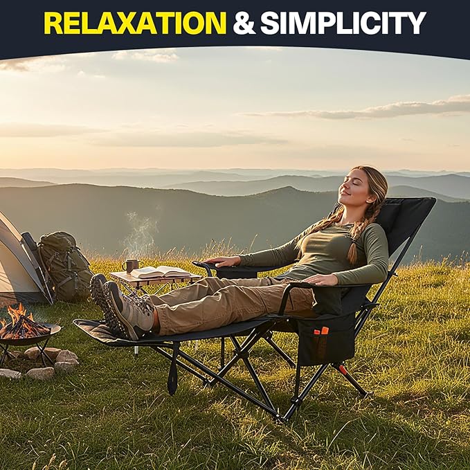 2-in-1 Reclining Camping Chair, Portable Folding Beach Lounge Chair with Footrest & Adjustable Backrest, Comfortable Lawn Chair for Adults Heavy Duty with Cup Holder for Outdoor Poolside Sports