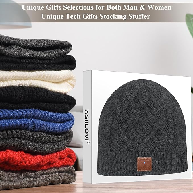 Bluetooth Beanie, Double-Layer Wool Lining Bluetooth Hat Beanie for Men/Women/Teens/Family, 20hrs Playing, Gift Packaging for Christmas Stocking Stuffers Thanksgiving (02-Charcoal)