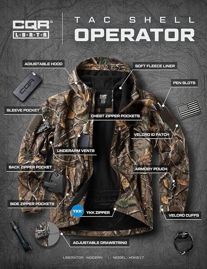CQR Men's Tactical Softshell Jacket, Winter Warm Fleece Lined Coat, Water Resistant Outdoor Hunting Hiking Rain Windbreaker