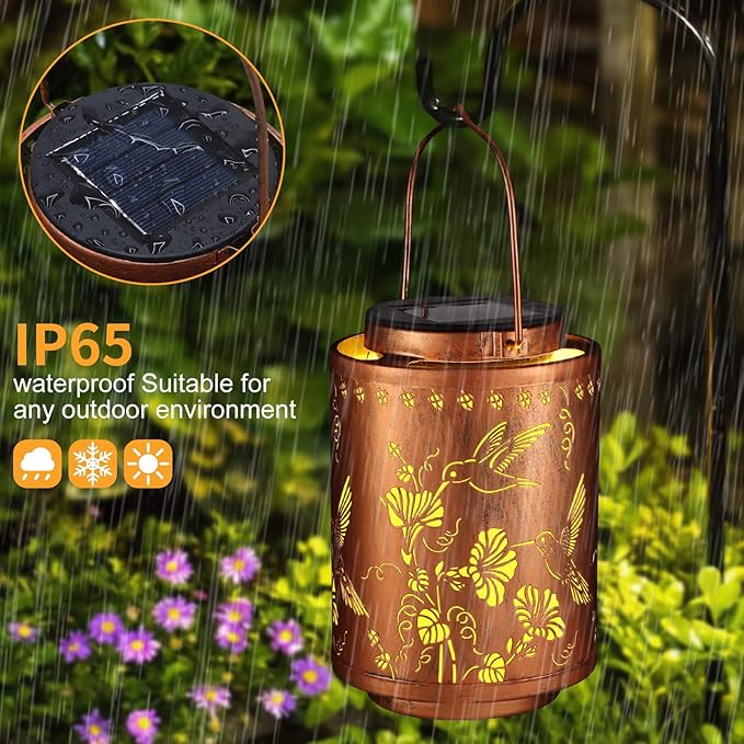 2 Pack Solar Lanterns Outdoor Waterproof Garden Decor Birthday Gifts for Women Mon Grandma Metal Hanging Solar Lights Decoration for Outside LED Lanterns for Yard Patio（Hummingbirds）