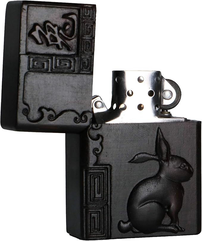 Natural Ebony Black Wood Carved Lighter Shell Box For Zippo Module (Zodiac Rabbit)