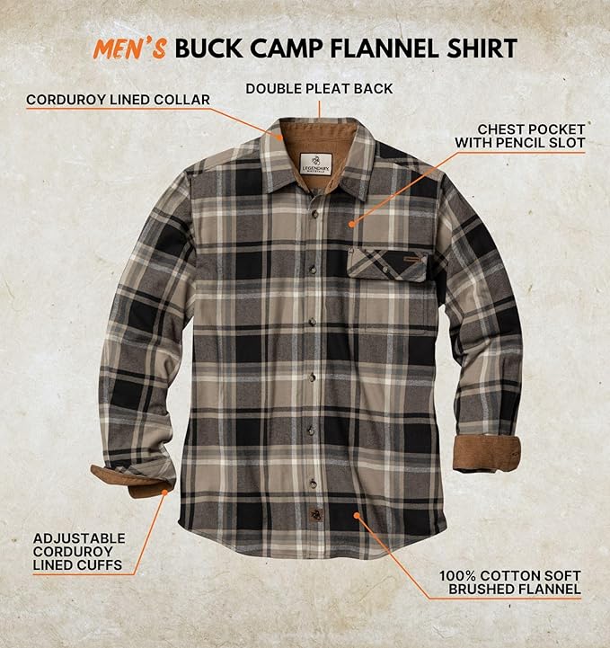 Legendary Whitetails Men's Flannel Shirt Long Sleeve Button Down 100% Cotton