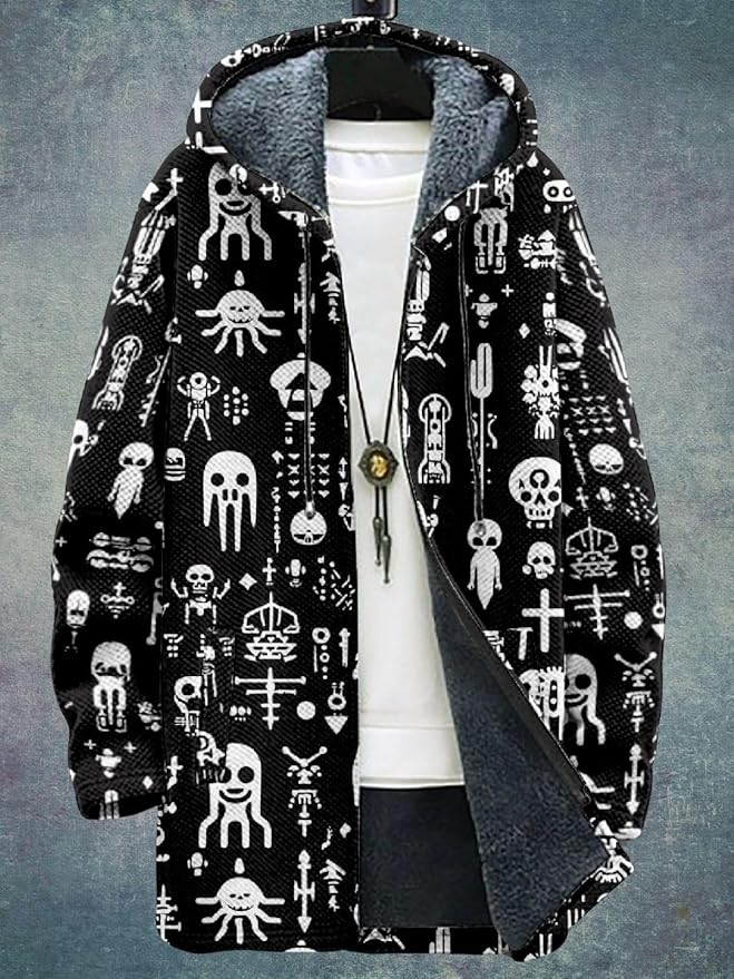 2025 Men's Ethnic Pattern Hooded Jacket Long Cardigan Hoodies Full Zip Vintage Knitted Zipper Coat with Pocket