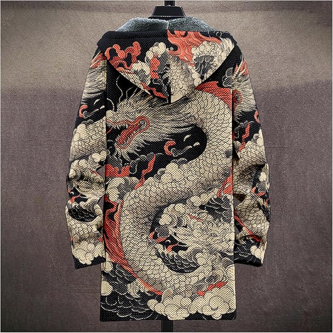Mens Hooded Cardigan Japanese Art Zip Up Long Sleeve Sweater Hoodie Dragon Print Coat with Pockets