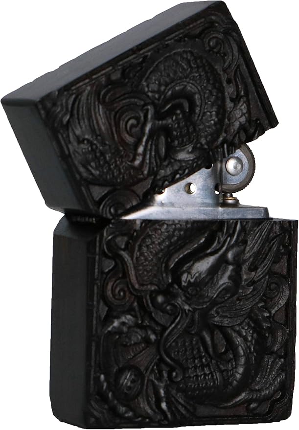 Natural Ebony Black Wood Carved Lighter Shell Box For Zippo Module (Dragon Phoenix)