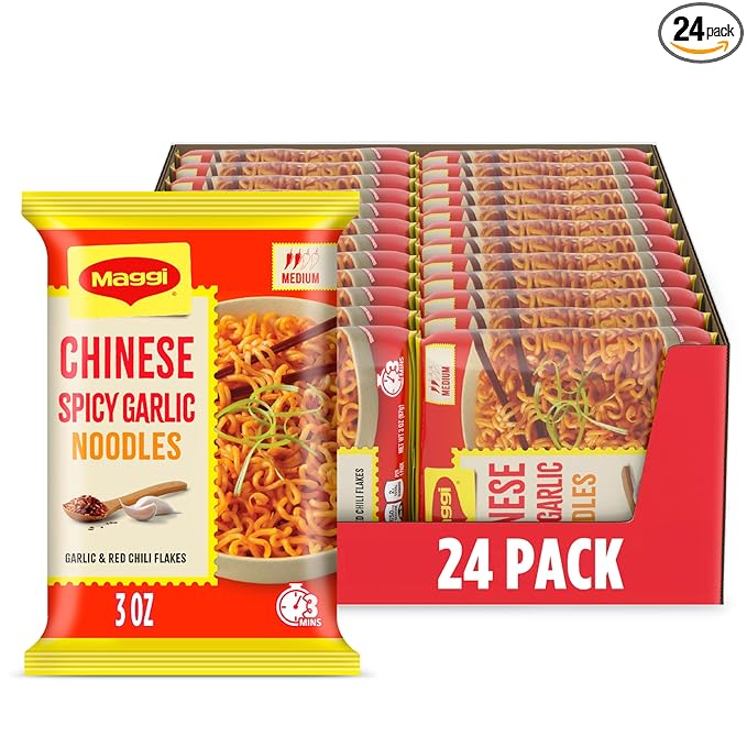 Maggi Chinese Spicy Garlic Noodles, Instant Ramen Noodles, 3 min, Vegetarian, Halal, Kosher, 24-Pack