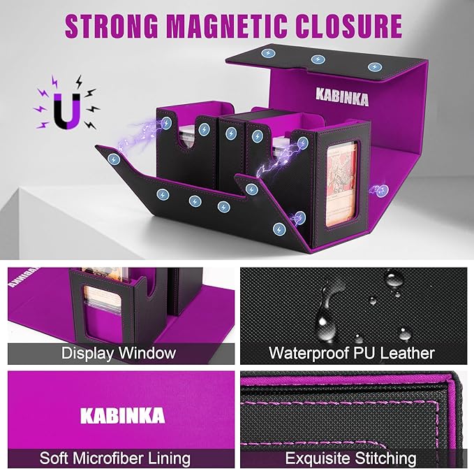 Kabinka Deck Box for MTG with Commander Display, 3 in 1 Trading Card Storage Box Fit 200 Double-sleeved Cards, Removable Deck Case for TCG/Sports Cards with 2 Magnetic Card Holders (Black Purple)