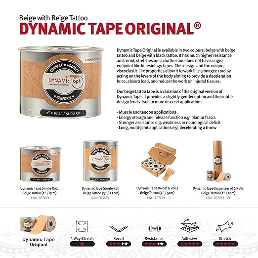 Dynamic Tape Original | Biomechanical Adhesive Tape | Physio Tape for Knee, Ankle, Shoulder, Leg, Muscle Support | Sports Tape for Football, Rugby, Ideal for Athletes | Beige & Beige - 2" (101' Roll)