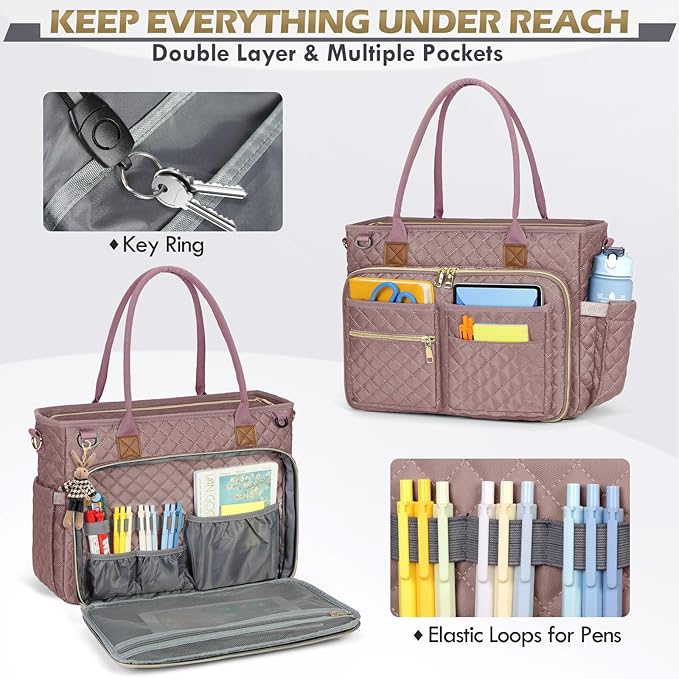 RAINSMORE Teacher Tote Bag 15.6 inch Laptop Bag for Women Work Bags Laptop Tote Nurse Bag Professional Computer Messenger with Insulated Pocket, Laptop Briefcase for Office, College, Dusty Pink