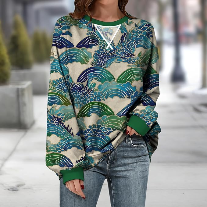 Womens Sweatshirts Fahsion Floral Print Long Sleeve Comfy Fall Tops Oversized Casual Crewneck Pullover Shirts