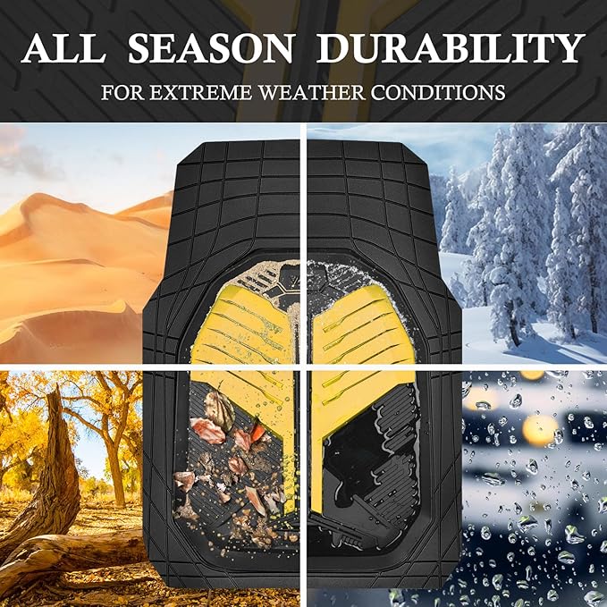 CAR PASS Heavy Duty Rubber Car Mats, Deep Dish Car Floor Mats All Weather, Car Mats Full Set 4-Piece Trim to Fit for Sedans SUVs Trucks, Waterproof Anti-Slip Automotive Mats, V12 Black and Yellow