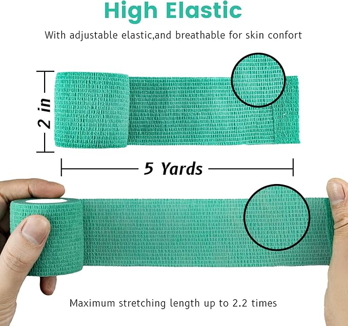 FRESINIDER 9 Rolls Self Adhesive Wrap Athletic Tape Gauze, Breathable Elastic Cohesive Bandage for Sports Injury & Pet (7 Pcs 2" x 5 Yards + 2 Pcs 1" X 5 Yards) (Green)
