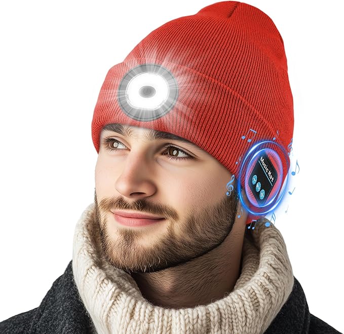 Bluetooth Beanie with Light, HD Stereo Sound, USB Rechargeable Headlamp for Hiking Fishing, Gift for Men Women Teen