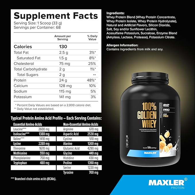Maxler 100% Golden Whey Protein - 24g of Protein per Serving - Whey Protein Powder for Pre Post Workout - Fast-Absorbing Whey Concentrate, Isolate & Hydrolysate Blend - Bananas & Cream 5 lb