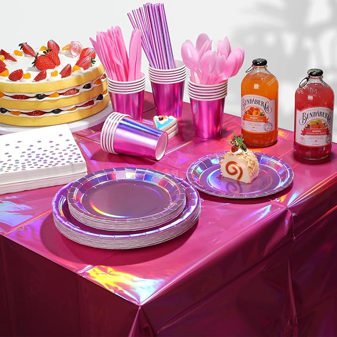 Iridescent Pink Party Supplies Decorations Serve 50, Hot Pink Holographic Paper Plates and Napkins Set, Disposable Pink Paper Plates Cups Knives Spoons Fork for Mermaid Disco Birthday Graduation Party
